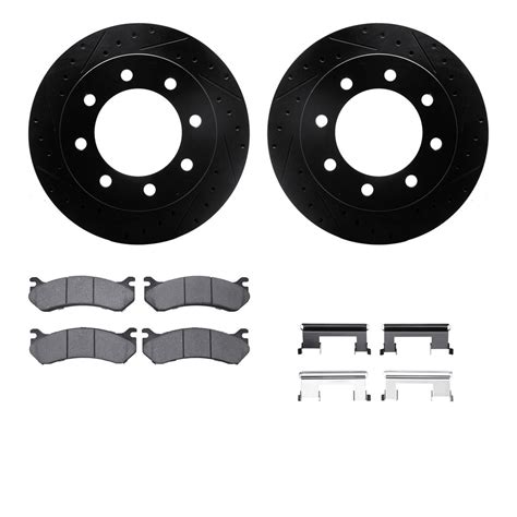 Dynamic Friction Black Zinc Drilled and Slotted Brake Rotors.